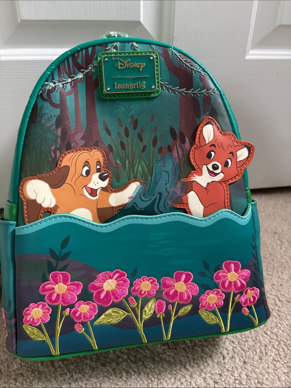 New Loungefly Teal fox and the hound mini Backpack with Pink Floral disney